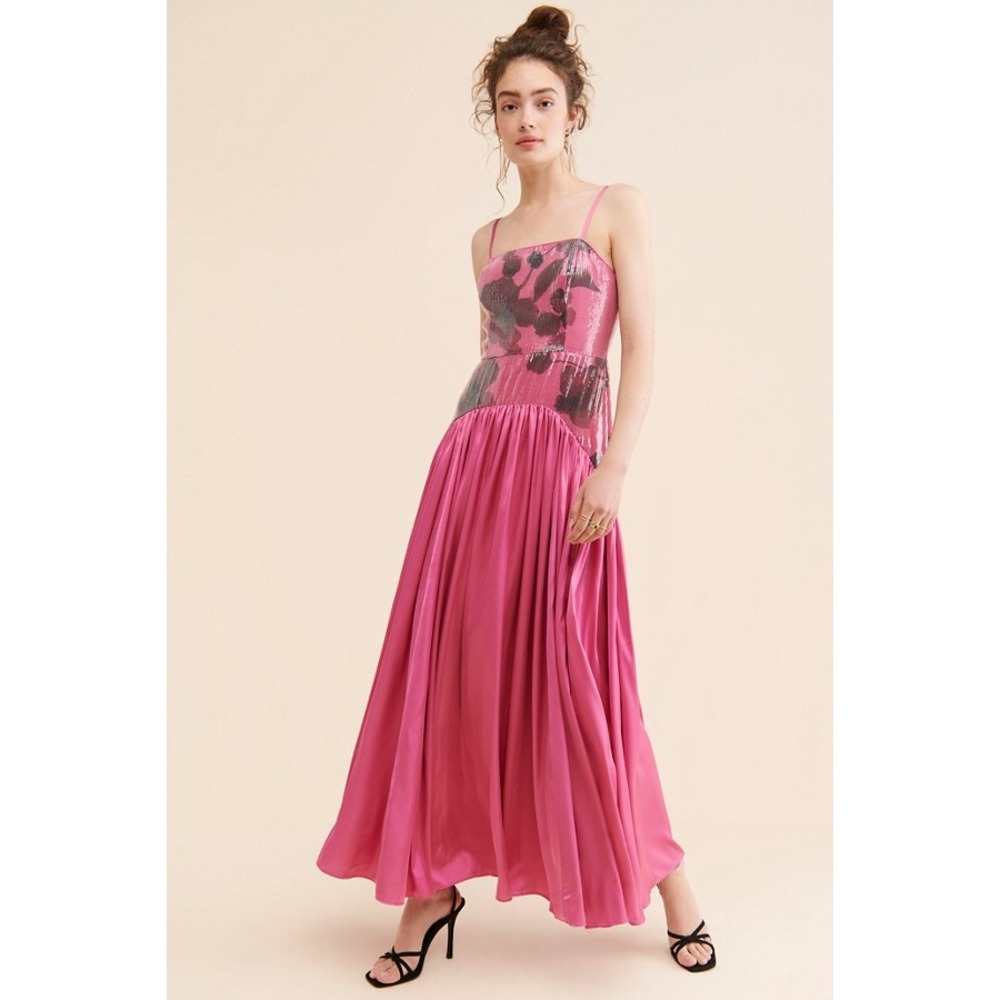 Hutch Anthropologie Pink Floral Sequin Maxi Dress Spaghetti Strap Size 10